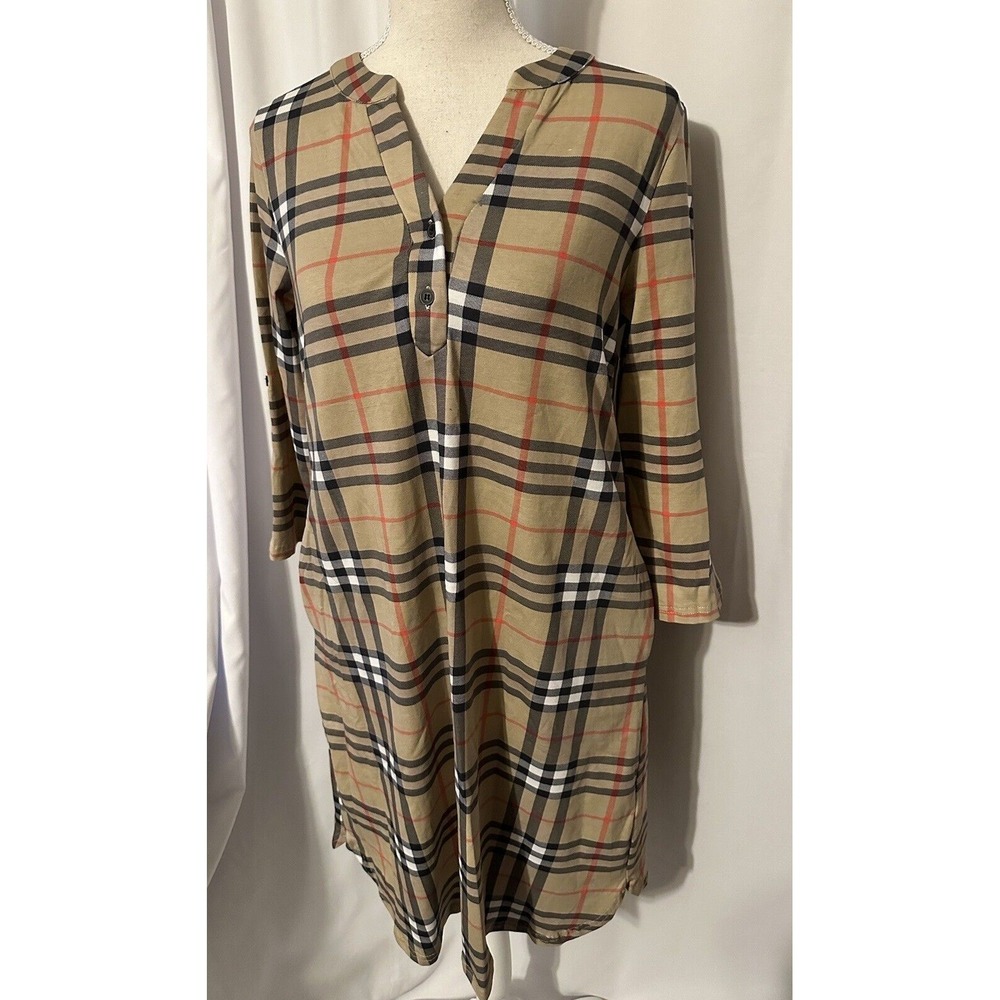 New Pink Lily Shirt Dress Womens Size M 3/4 Roll Tab Sleeves Plaid Midi Pockets
